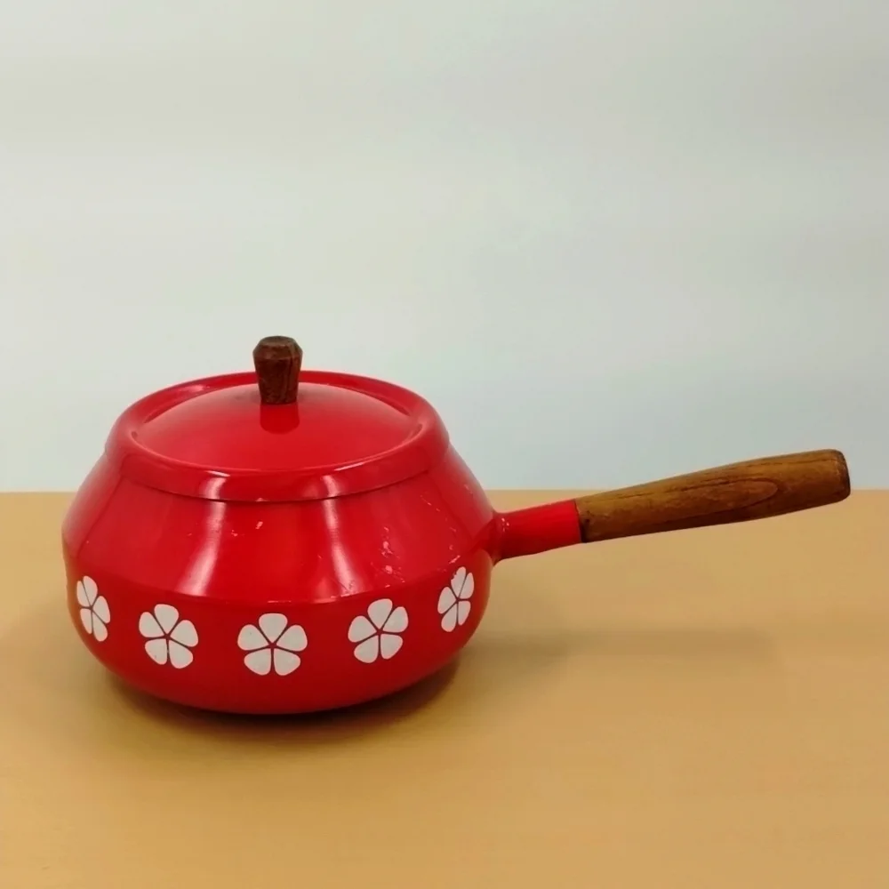 Imperial Japan enamel red floral pot white flowers with long wood handle vintage